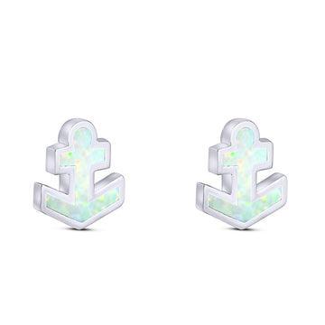 Anchor Stud Earring Lab Created White Opal Solid 925 Sterling Silver (9mm)